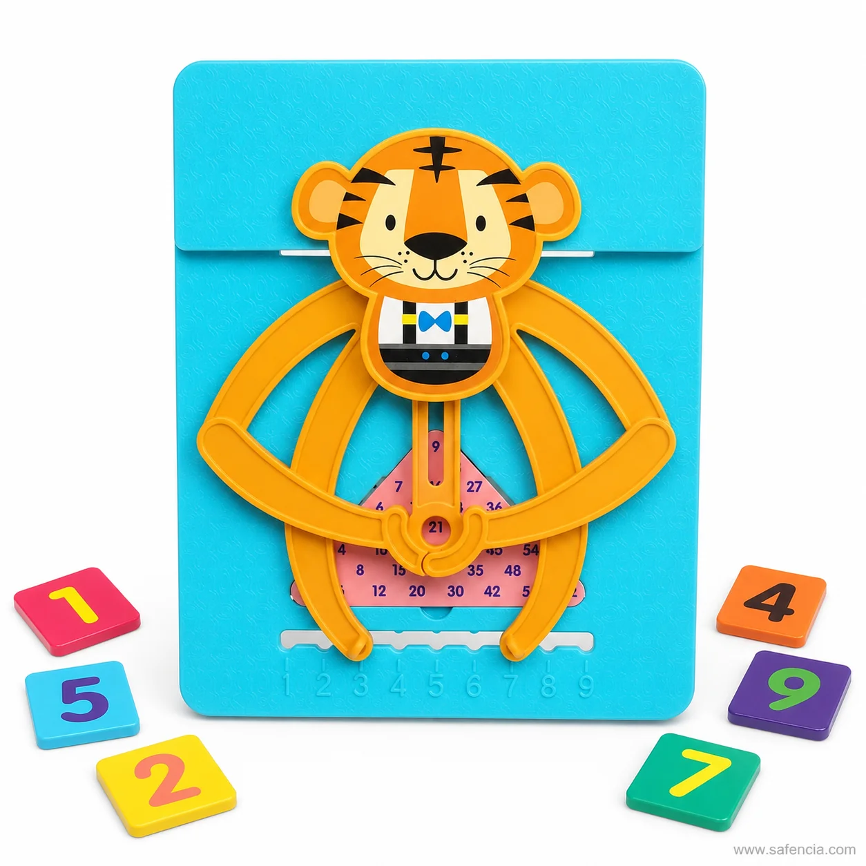 Child balancing weighted numbers with tiger figures