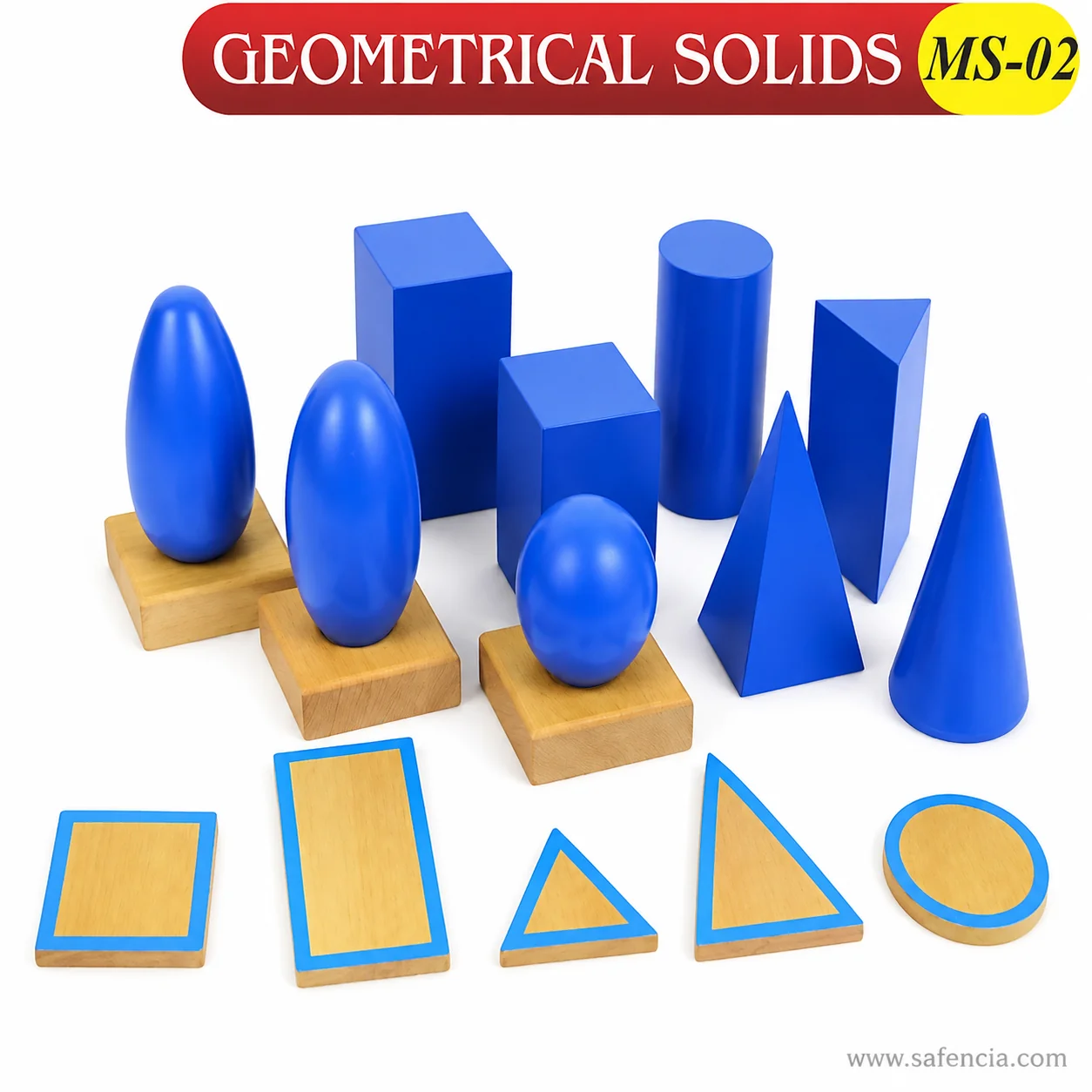 10 blue geometric solids with wooden projection planes