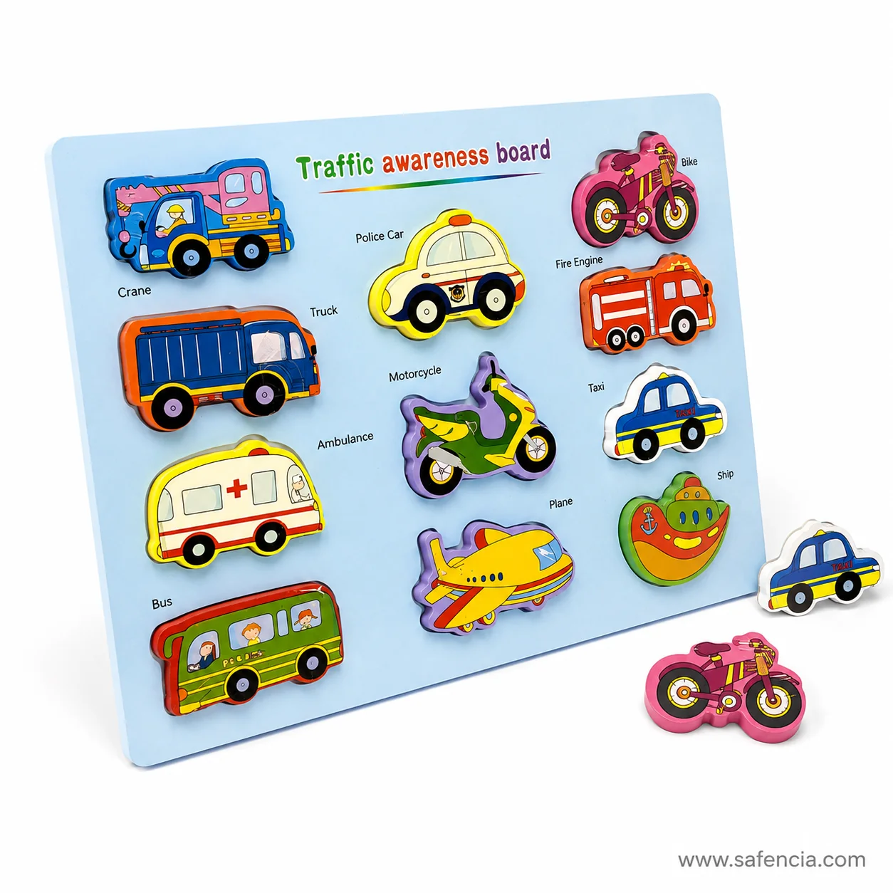Traffic awareness board at an angle with the taxi and bike vehicle pieces lifted out beside it