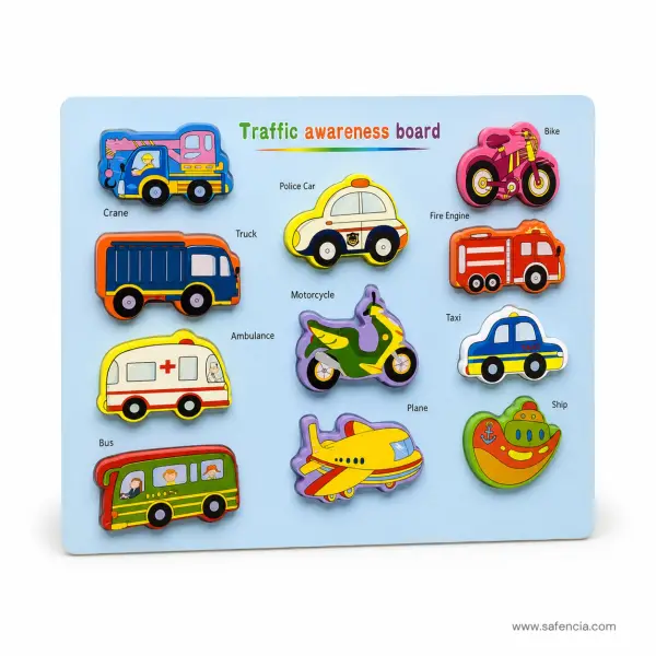 Traffic Awareness Wooden Vehicle Board (11 Named Vehicles, Lift-Out Puzzle)