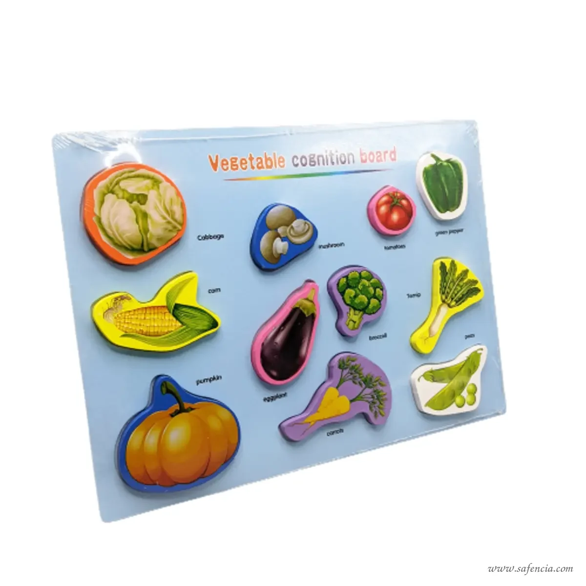 Vegetable cognition wooden board still sealed in its clear factory wrap before opening