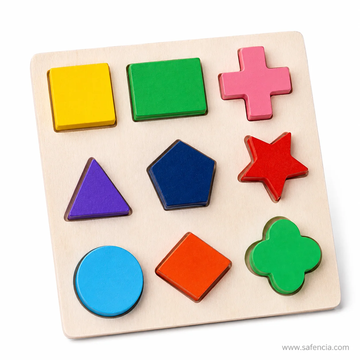 Angled view of the nine shape board showing the navy pentagon and red star pieces