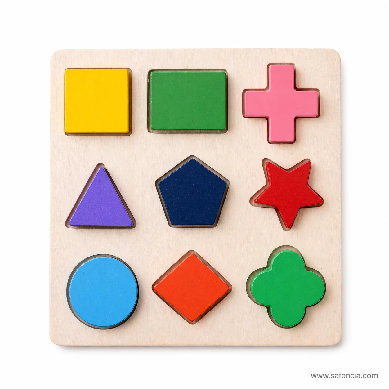 Nine shape wooden board with thick shape blocks lifted out beside their cut recesses