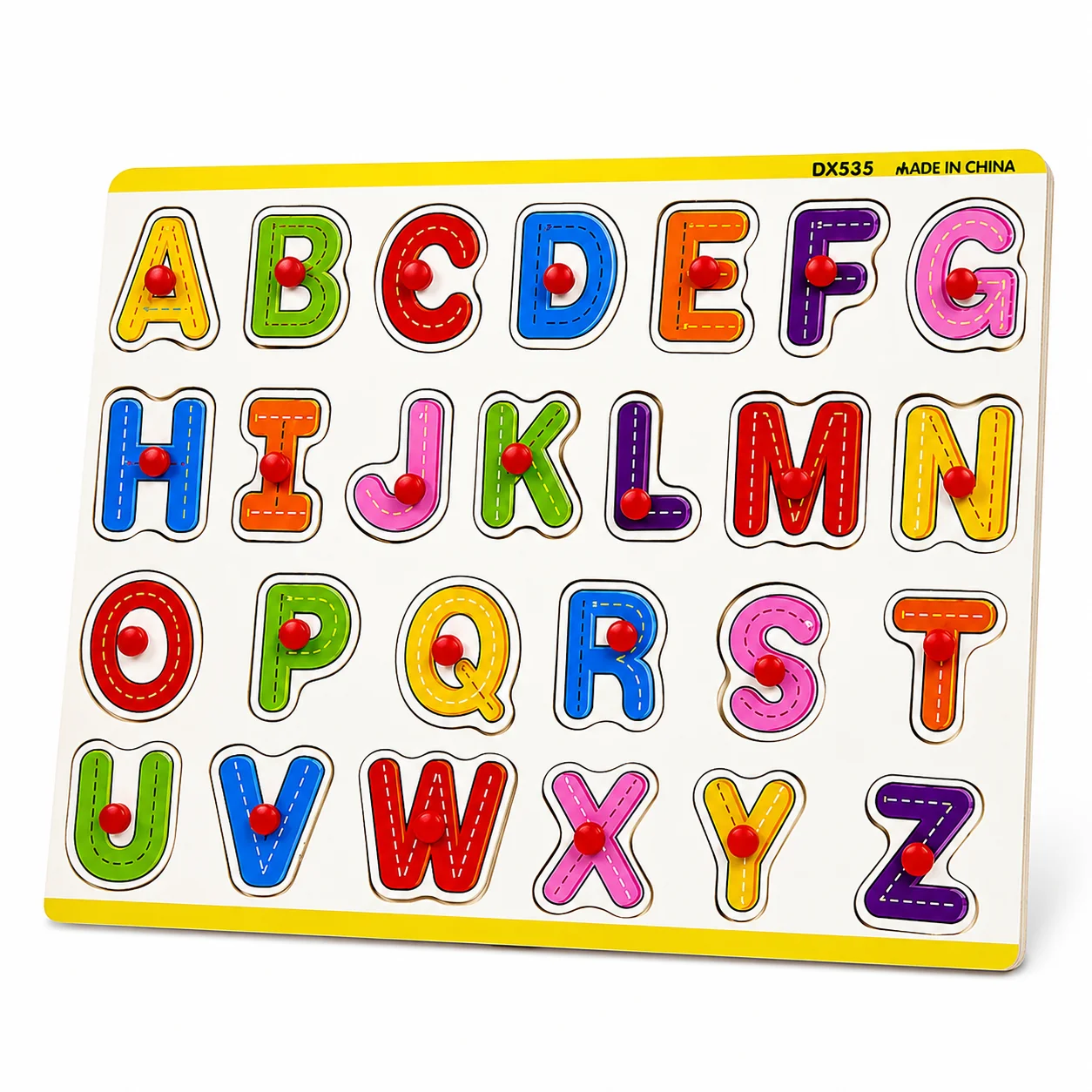 Angled view of the capital alphabet knob board showing its yellow border and red knobs