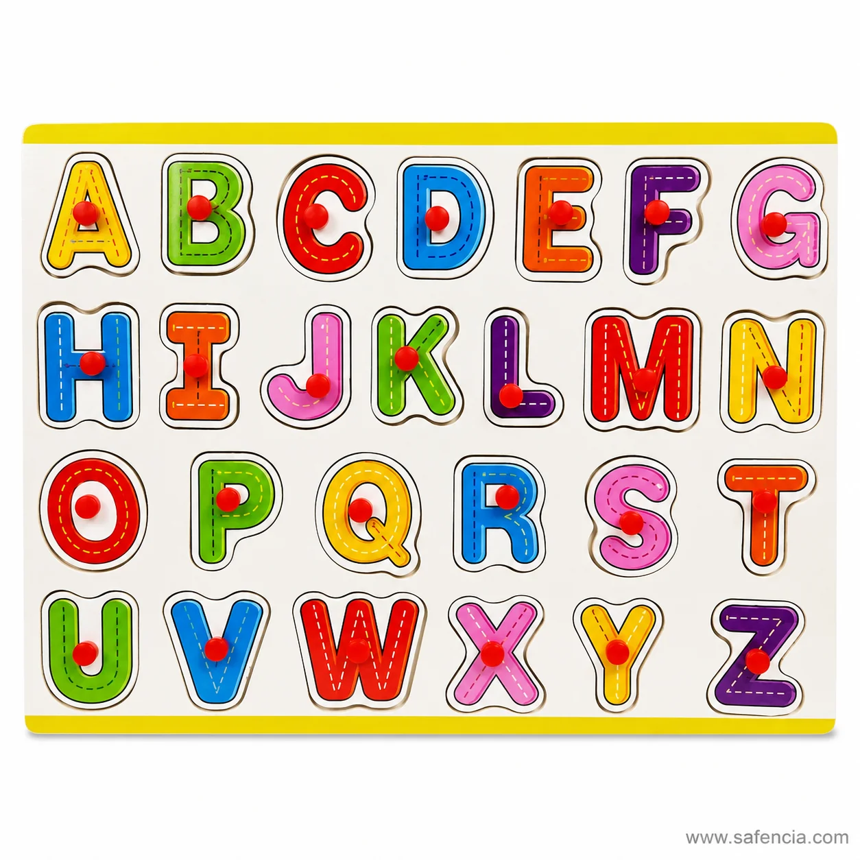 Capital alphabet knob board photographed flat showing four rows of letters from A to Z