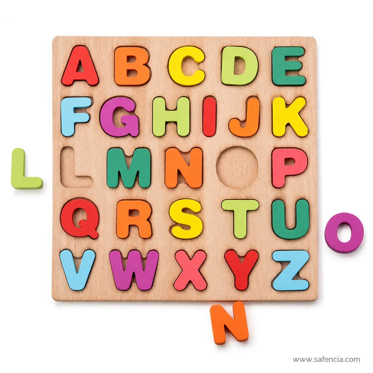 Square capital alphabet board photographed flat showing five rows of letters from A to Z