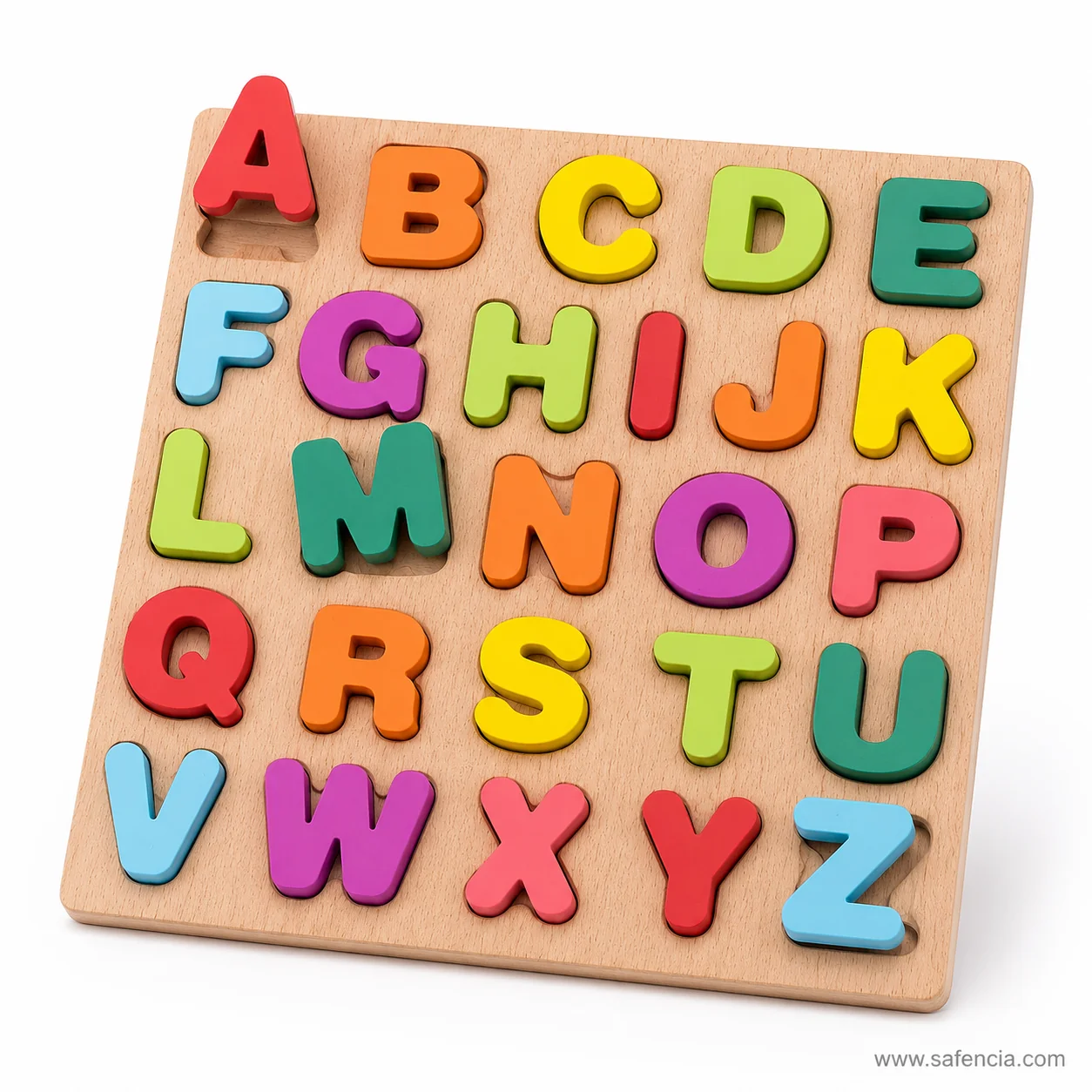 Angled view of the square alphabet board showing how thick each capital letter piece is