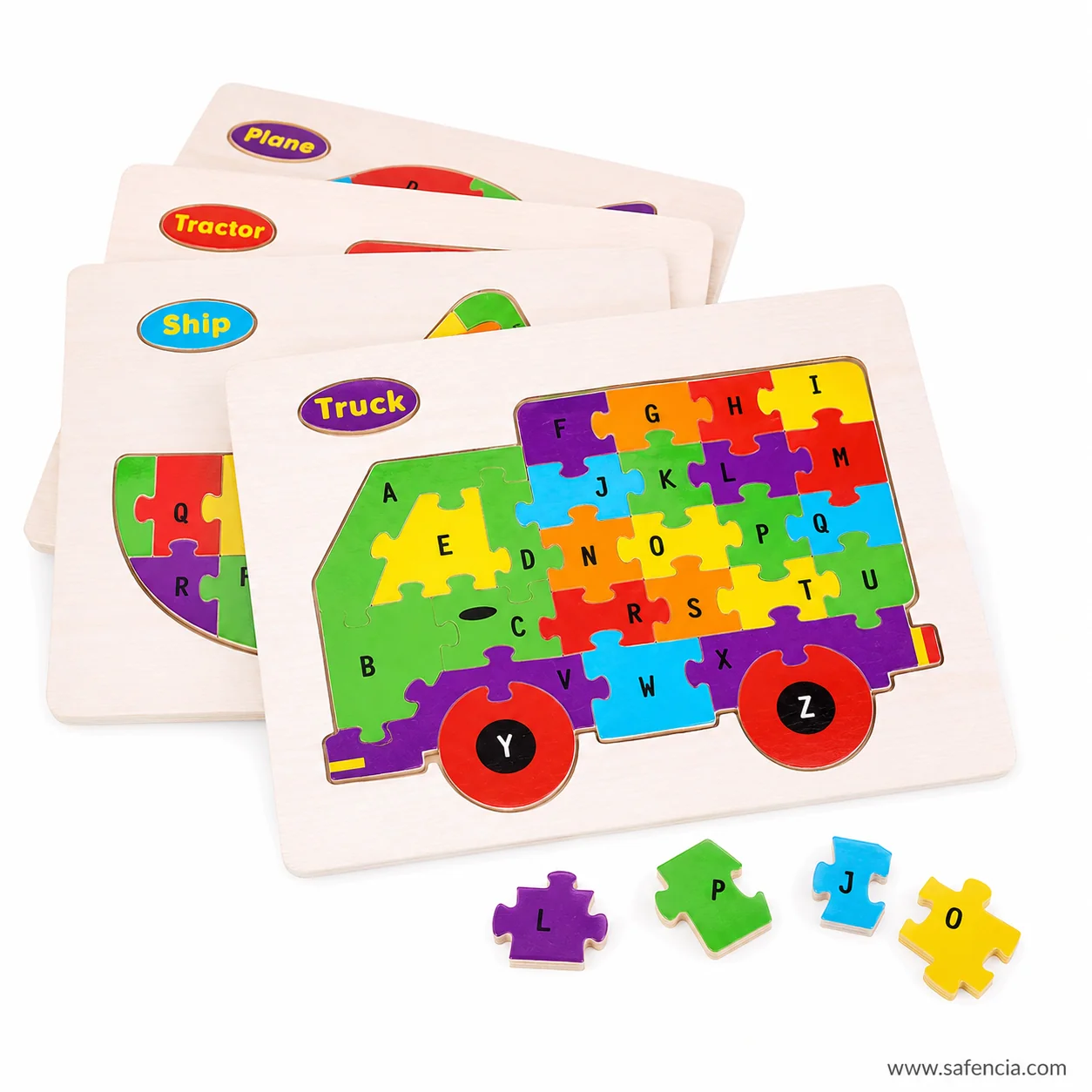 Wooden vehicle alphabet jigsaw boards with four loose interlocking letter pieces in front