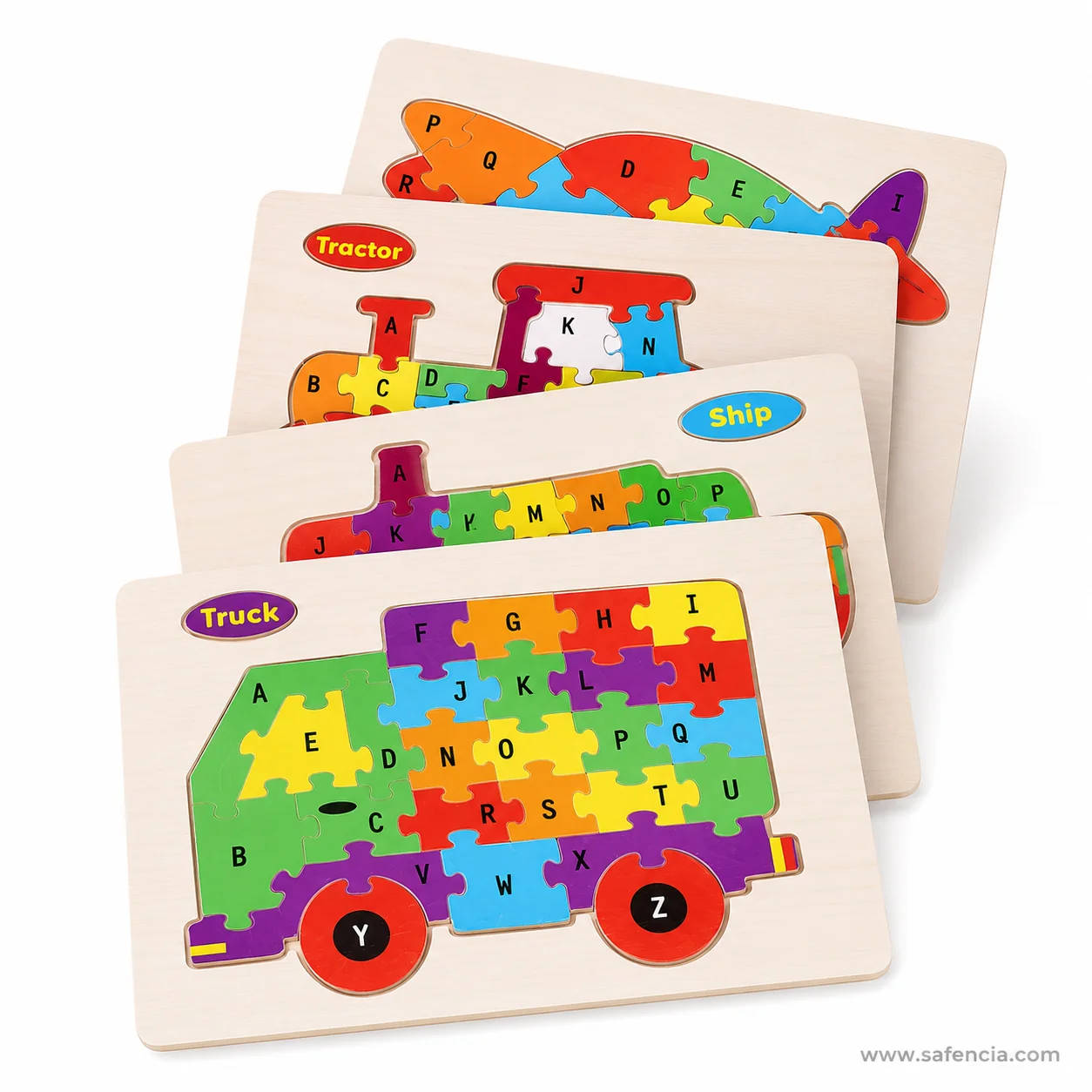Four wooden alphabet jigsaw boards stacked showing truck, ship, tractor and plane designs