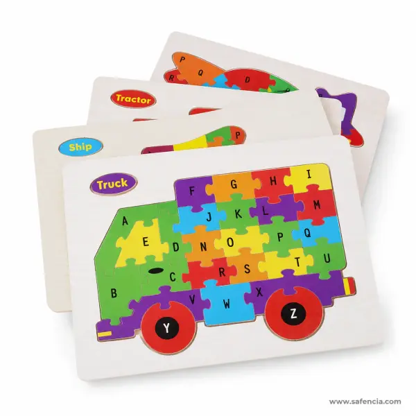 Wooden Vehicle Alphabet Jigsaw Board (26 A-Z Pieces, Assorted Design)