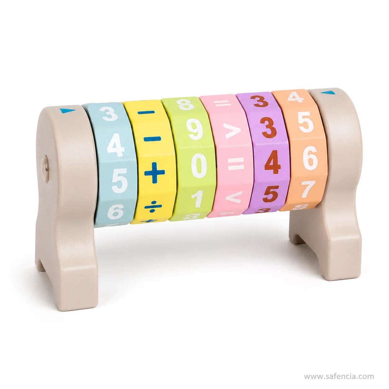 Angled view of the arithmetic puzzle cylinder resting on the moulded feet of its end frames