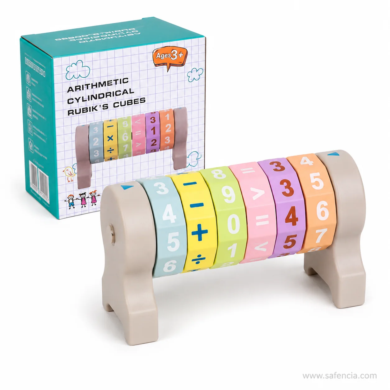 Printed carton for the arithmetic puzzle cylinder photographed next to the assembled toy