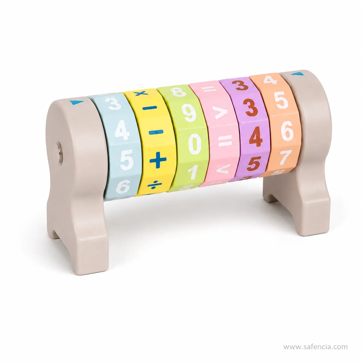 Arithmetic puzzle cylinder turned to show the multiply and divide symbols on the yellow disc