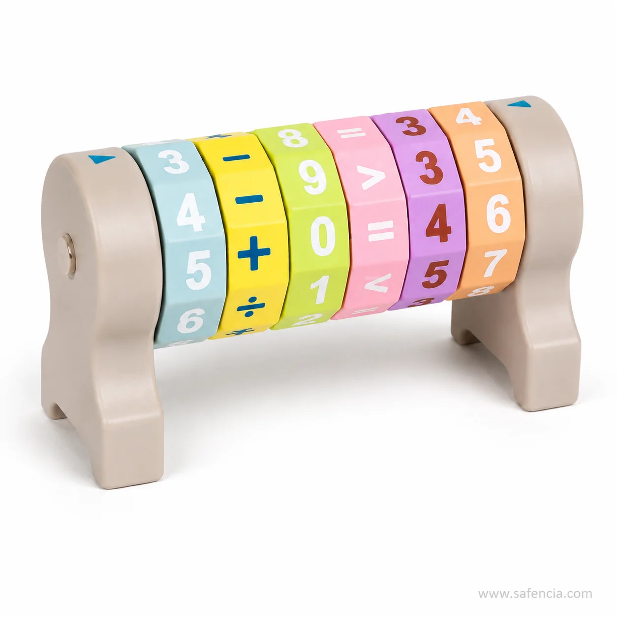 Close view of six rotating discs printed with digits and maths symbols on a standing frame