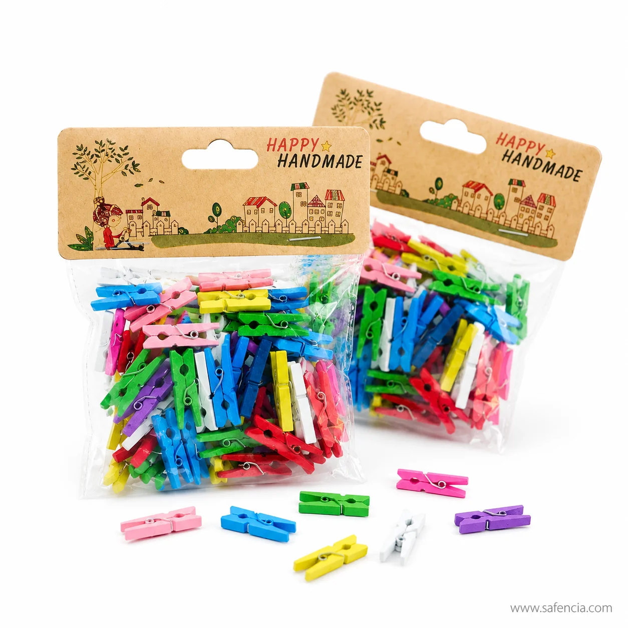 Two bags of mini wooden craft clips on brown header cards printed Happy Handmade