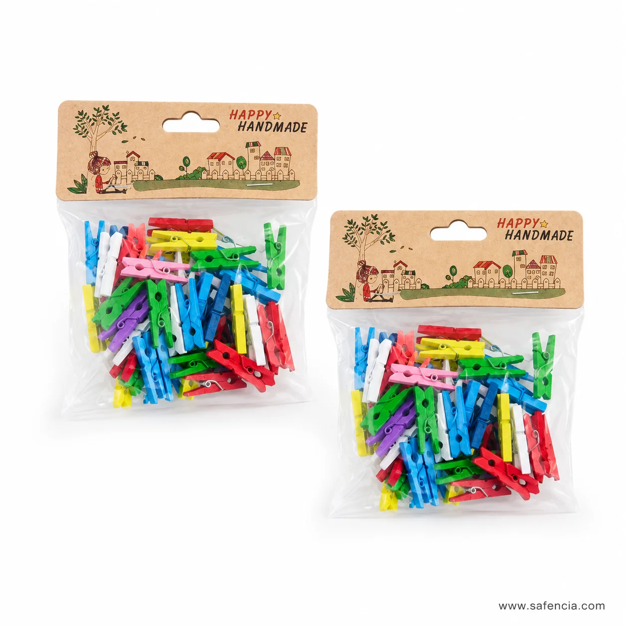 Two sealed bags of multicoloured mini wooden craft clips photographed side by side