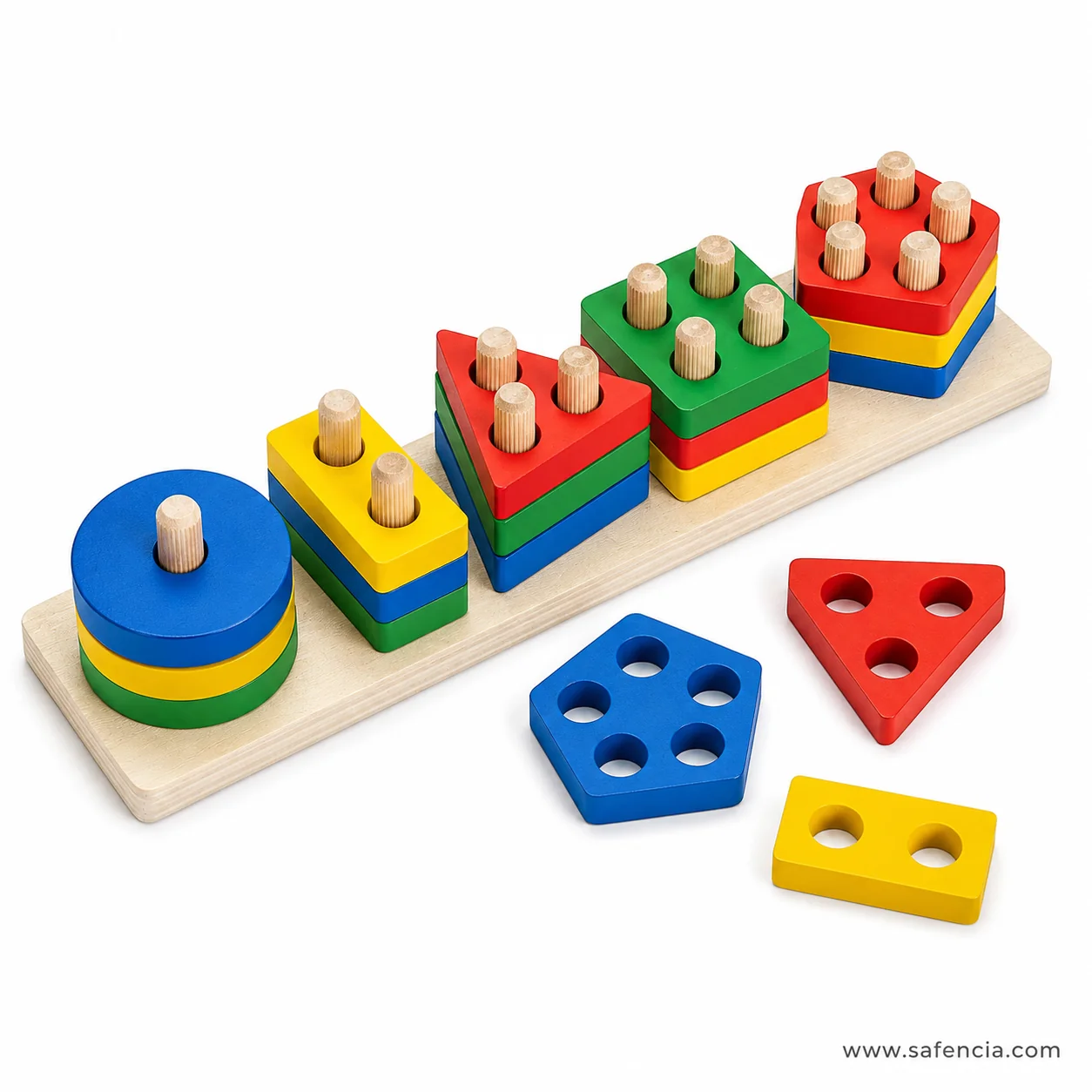 Geometric column sorter assembled with five stacks of coloured shapes on the wooden base