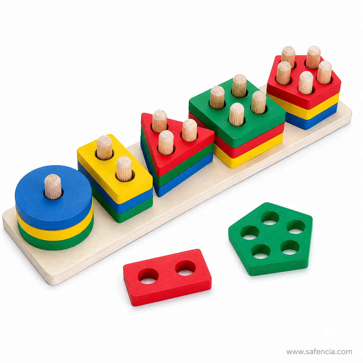 Angled view of the boxed geometric sorter showing the wooden base and stacked coloured shapes