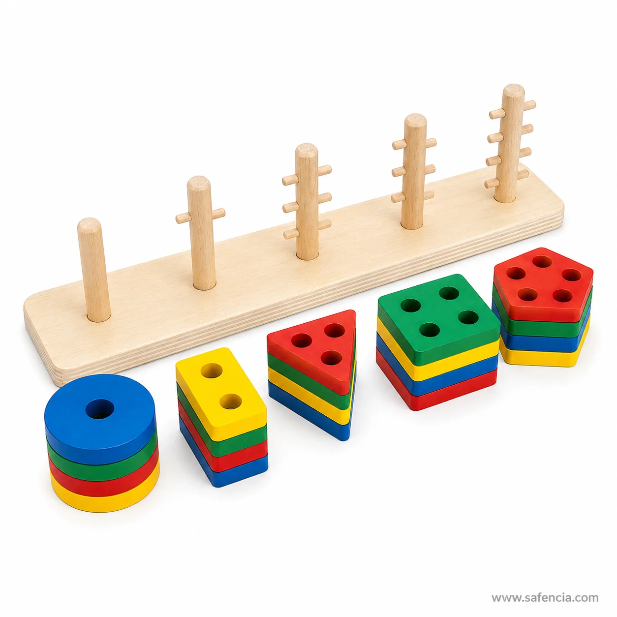 Geometric sorter with all five posts empty and the shape stacks standing loose in front