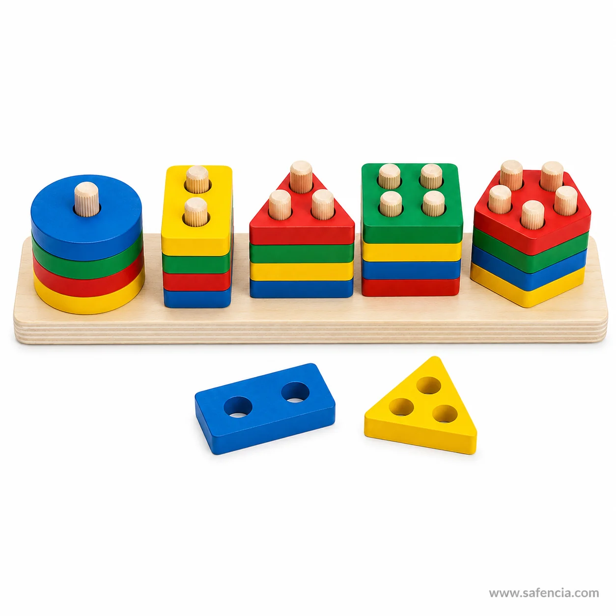 Geometric sorter pieces showing one hole in the circle rising to five in the pentagon