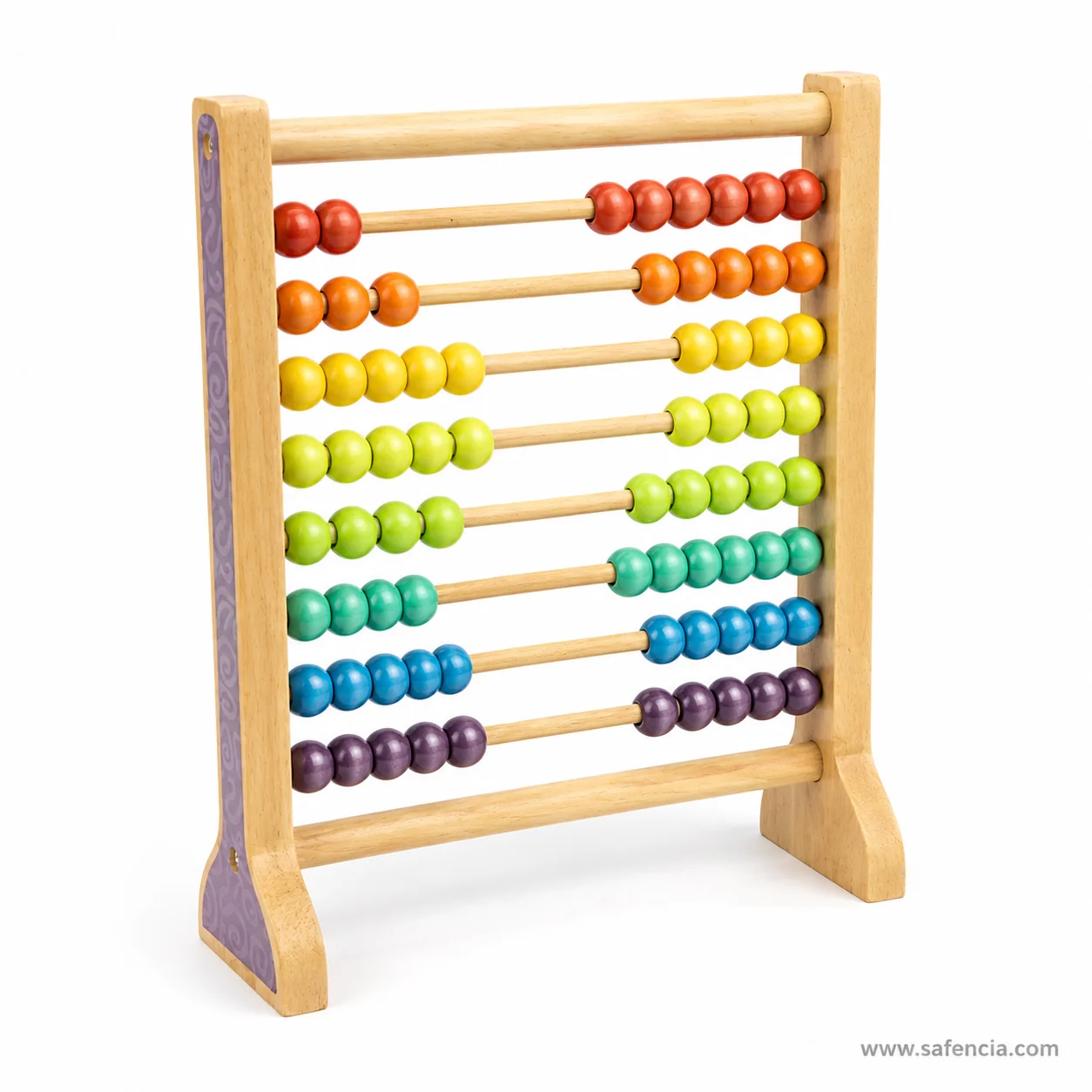 Angled view of the abacus showing the shaped splayed feet holding the frame square