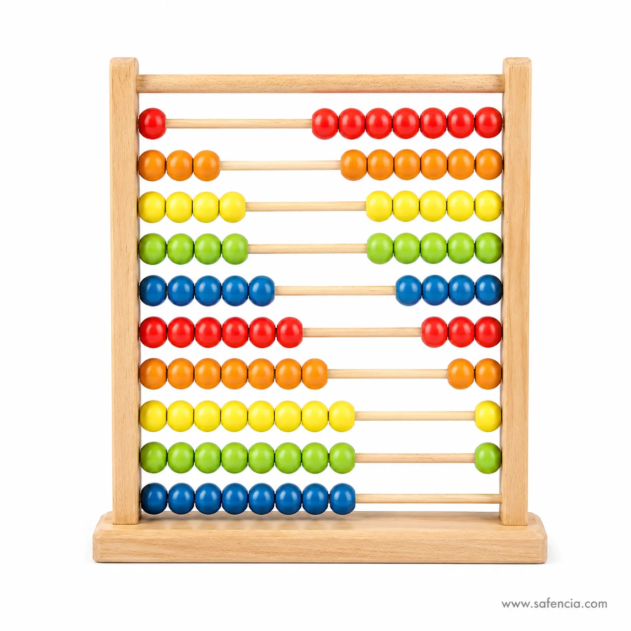 Front view of the wooden abacus showing ten beads on every one of the ten rods