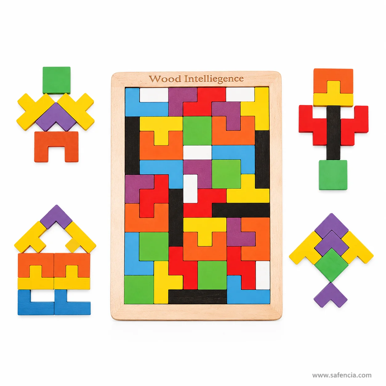 Wooden puzzle blocks arranged into a person, a house and a rocket beside the filled tray