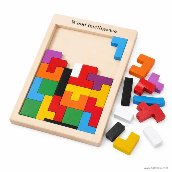 Wooden Shape Puzzle Tray for Kids (Tetromino Blocks in a Frame)