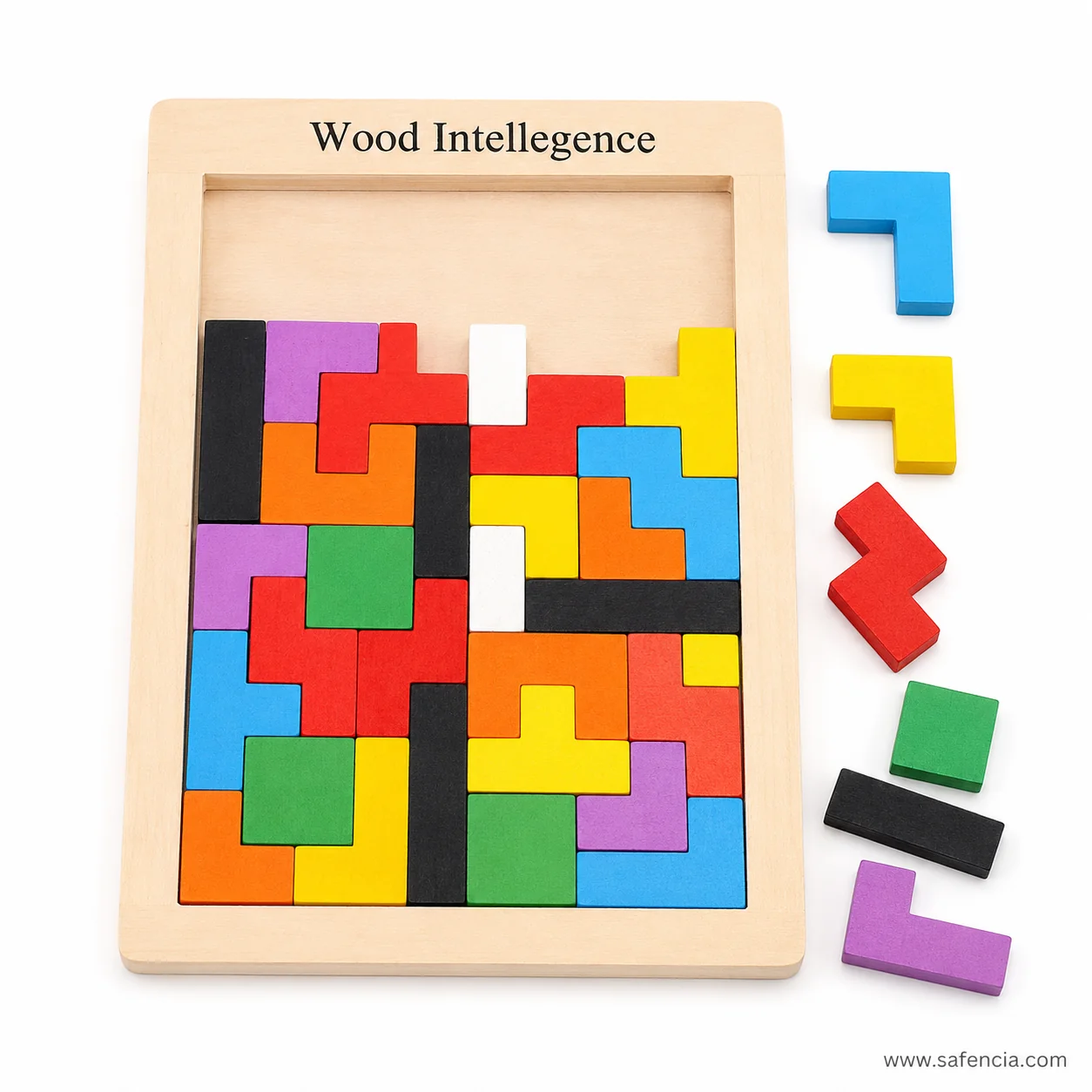 Wooden shape puzzle tray nearly complete with a few coloured blocks still to place