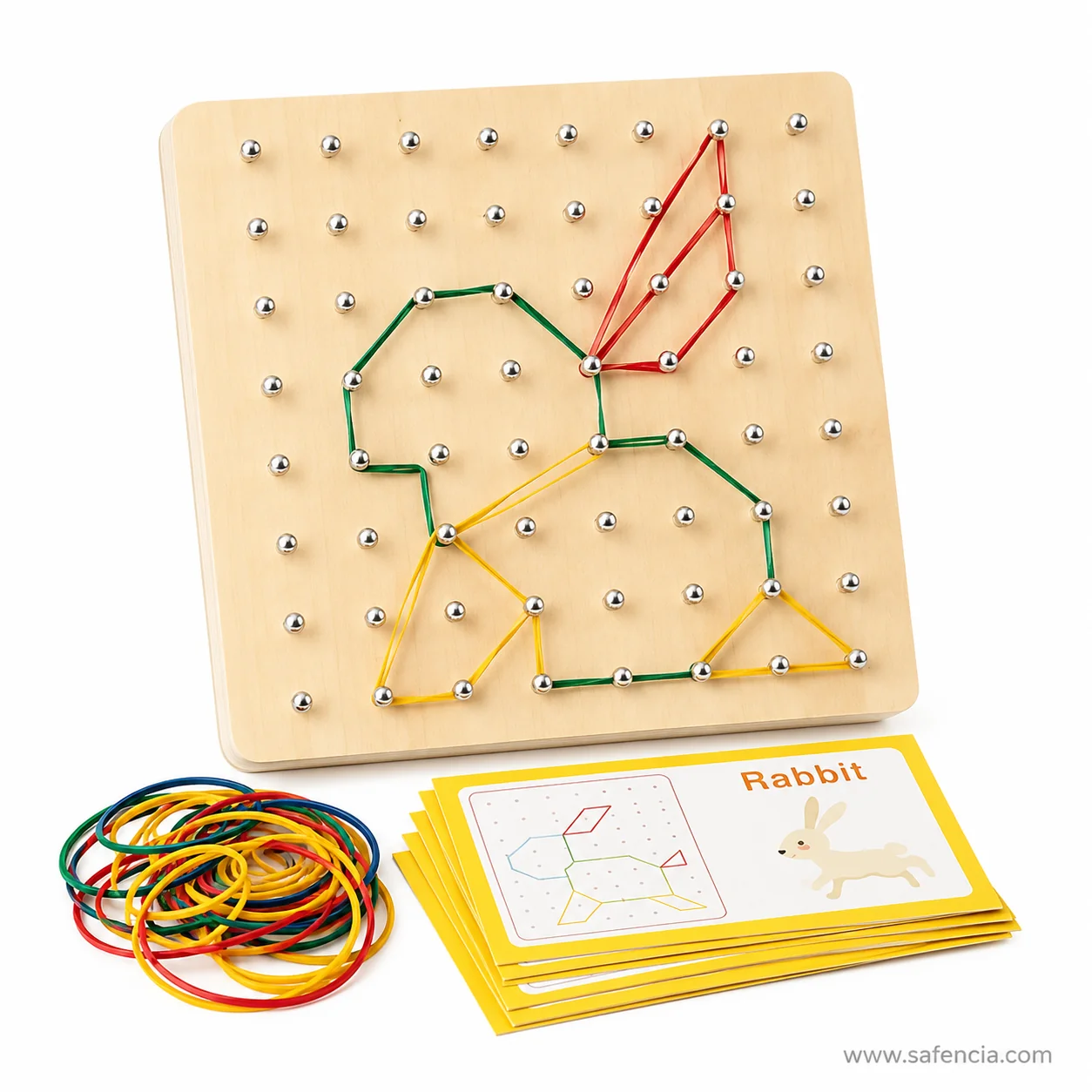 Child exploring geometry and symmetry on wooden geoboard