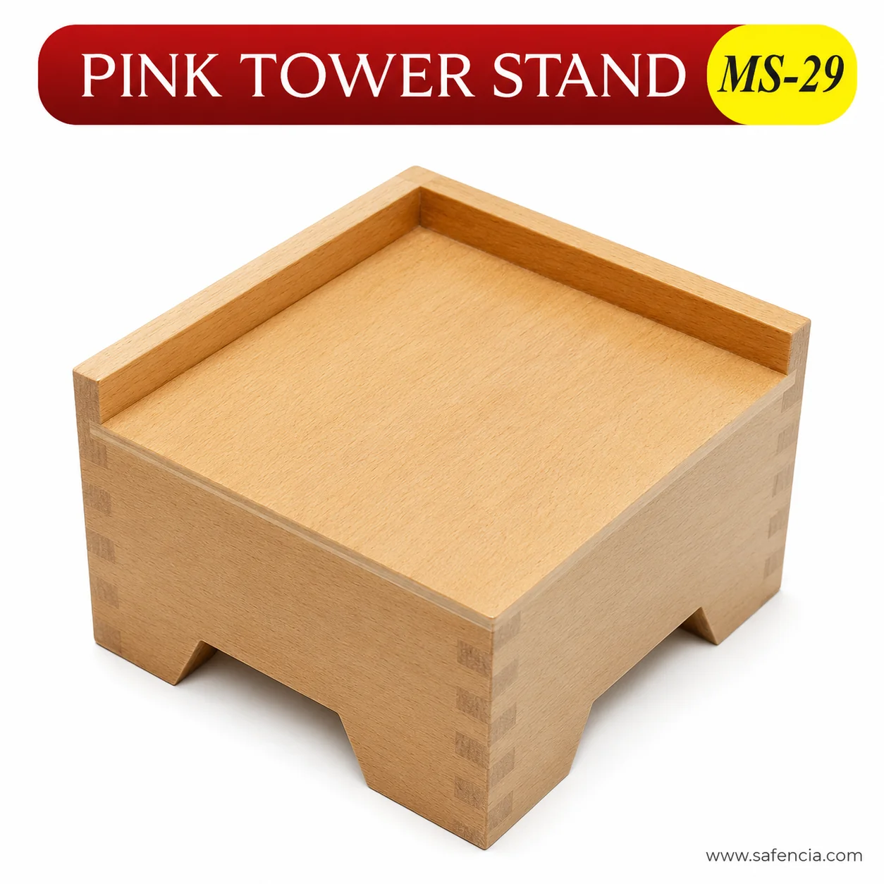 Pink tower assembled upright on display stand