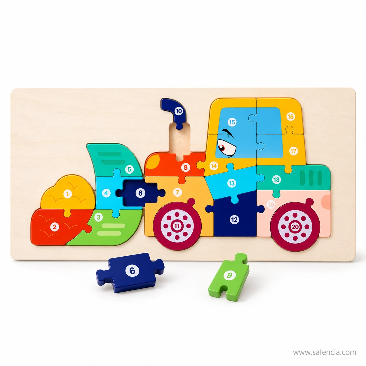 Bulldozer wooden jigsaw with two numbered interlocking pieces lying loose in front of the tray