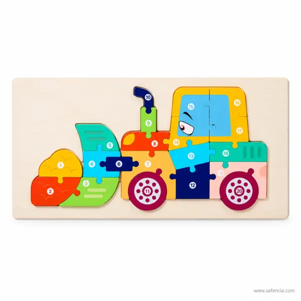 Numbered Bulldozer Wooden Jigsaw Puzzle (20 Pieces Numbered 1 to 20)