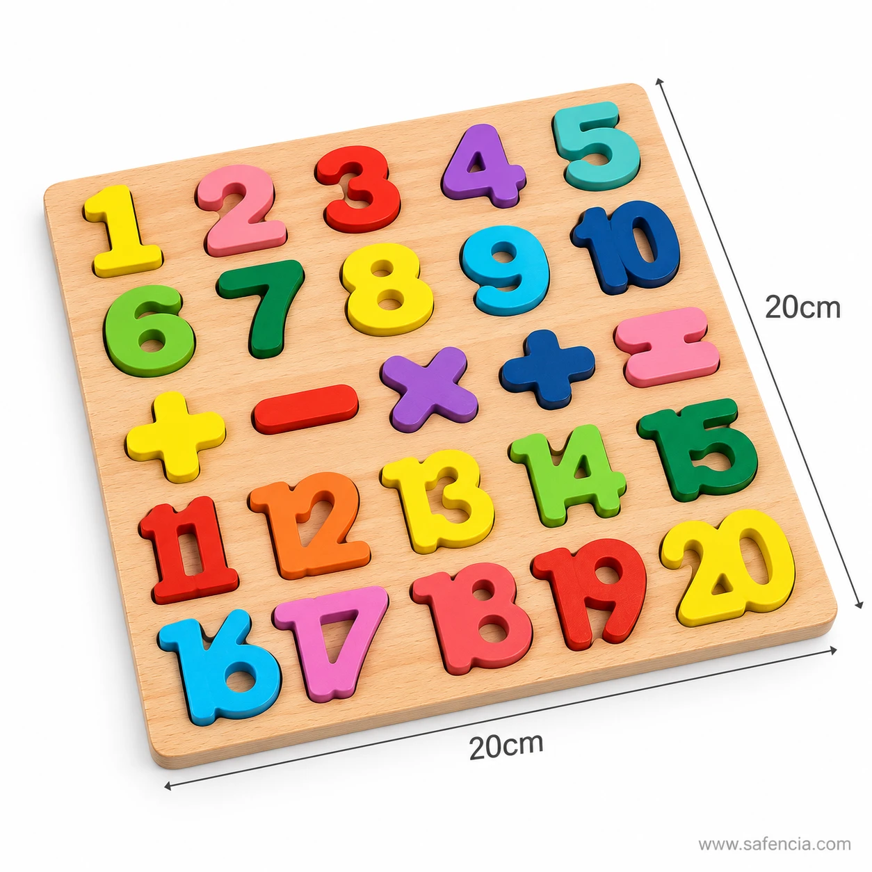 Angled view of the 1 to 20 wooden numbers board showing five rows of thick number pieces