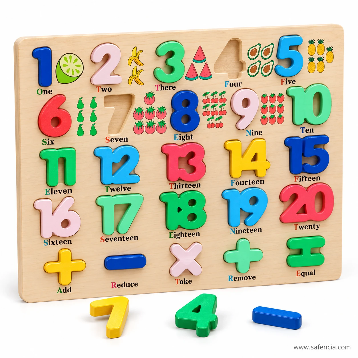 Angled wooden numbers and words board with the 7, 4 and minus pieces lifted out in front