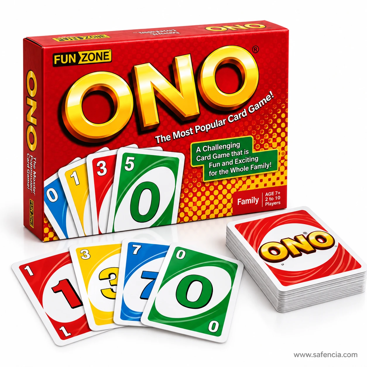 Fun Zone ONO family card game box front showing age 7 plus and 2 to 10 players