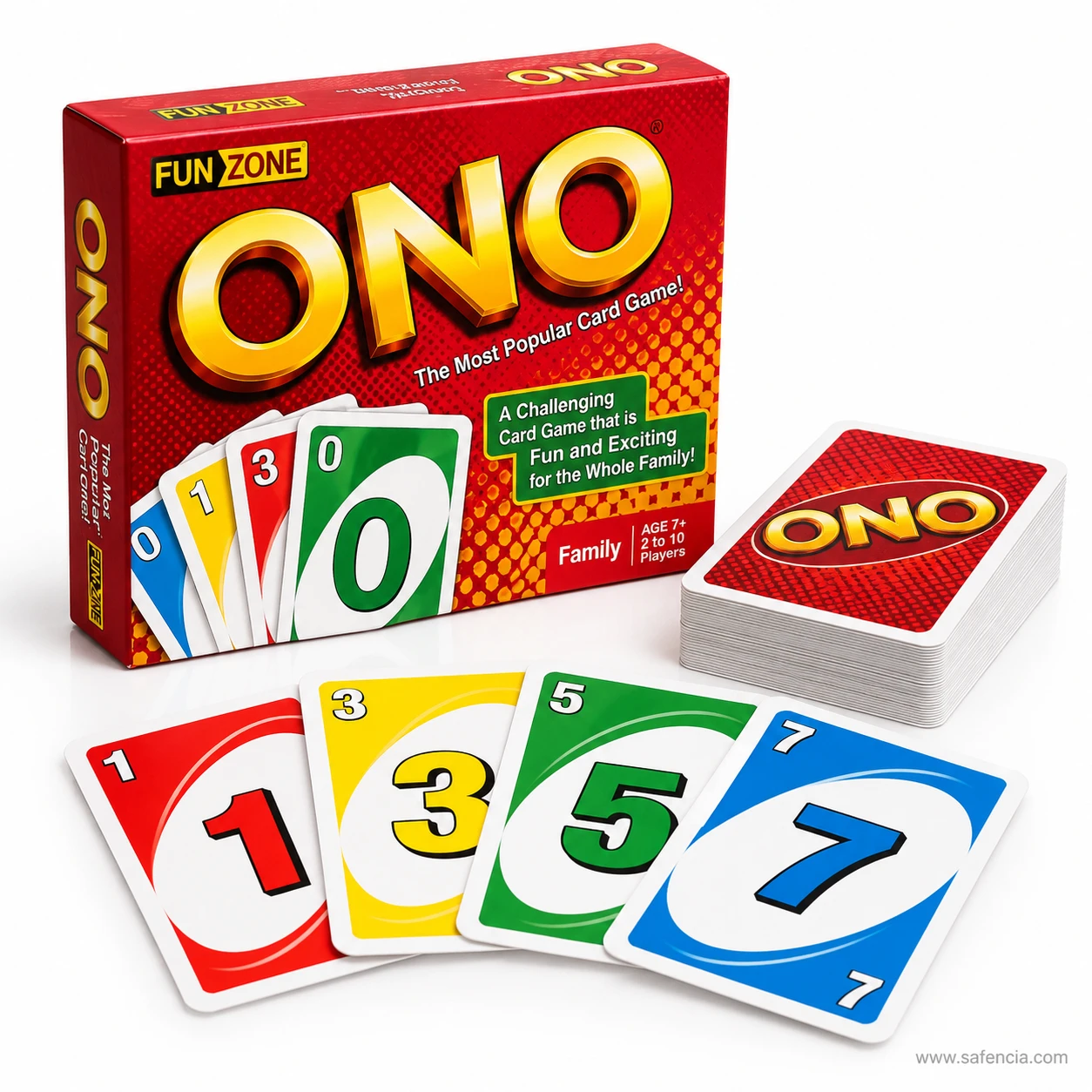 ONO card game red one, yellow three, green five and blue seven number cards beside the box