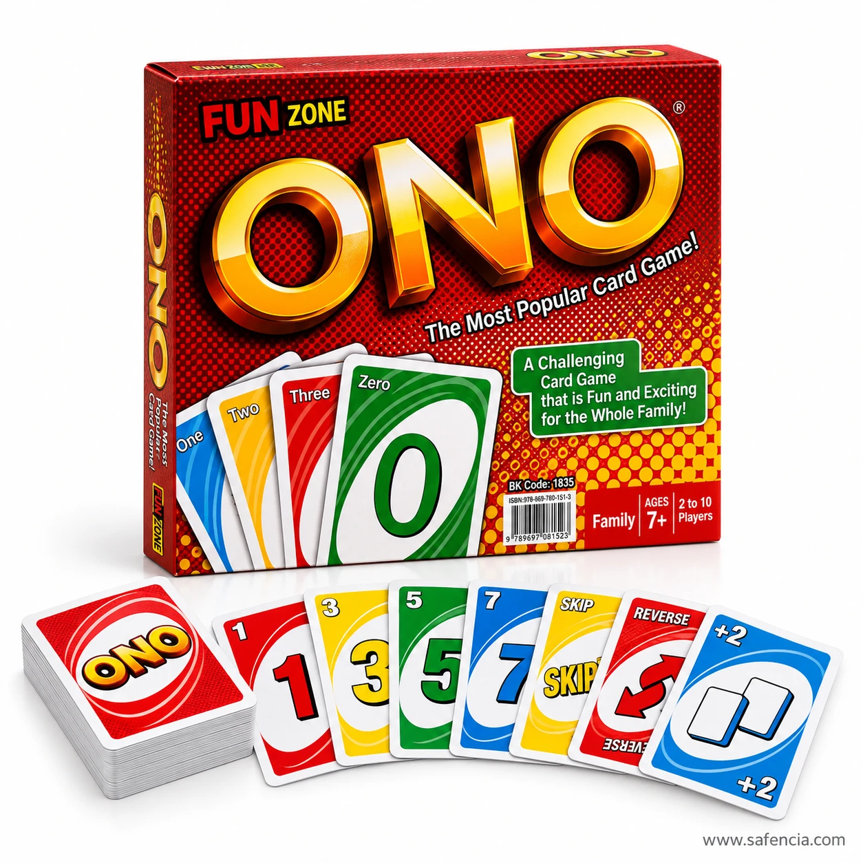 ONO card game box with a fan of number cards and Skip, Reverse and plus two action cards