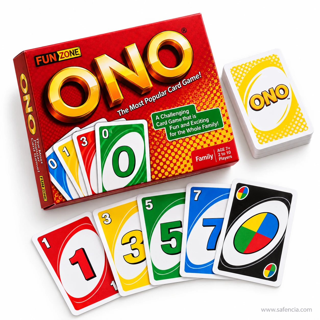 ONO card game black four-colour wild card beside red, yellow, green and blue number cards
