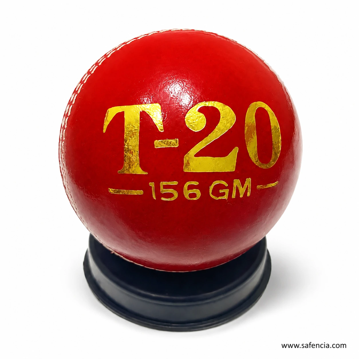 T-20 leather cricket ball close up showing gold 156 GM weight stamp and seam