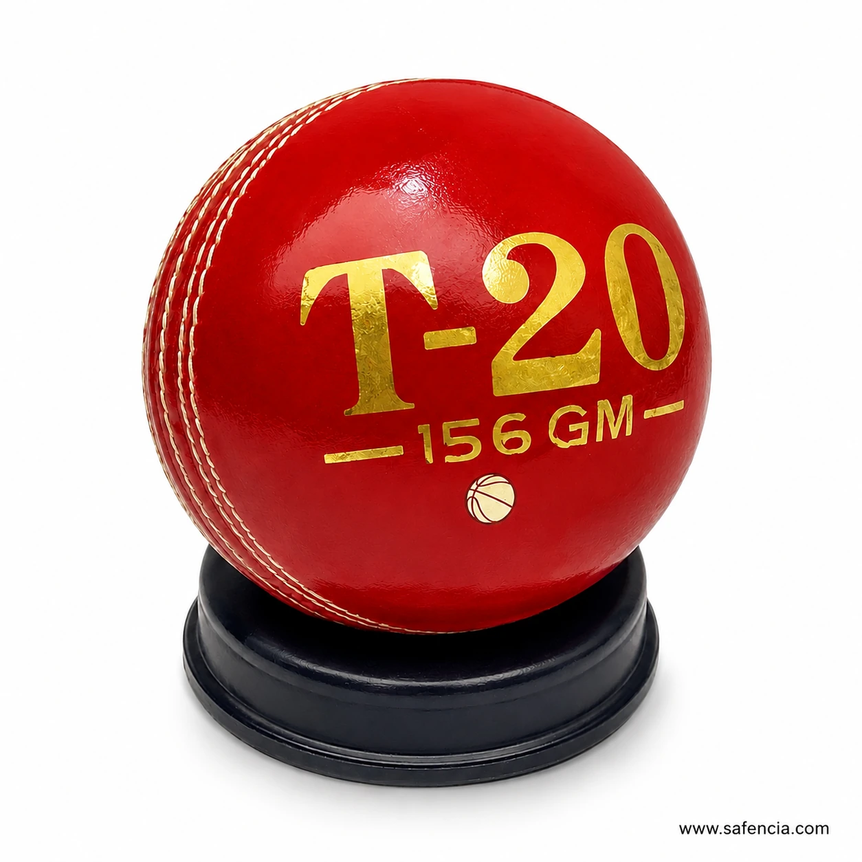 T-20 red leather cricket hard ball angled view showing hand stitched seam