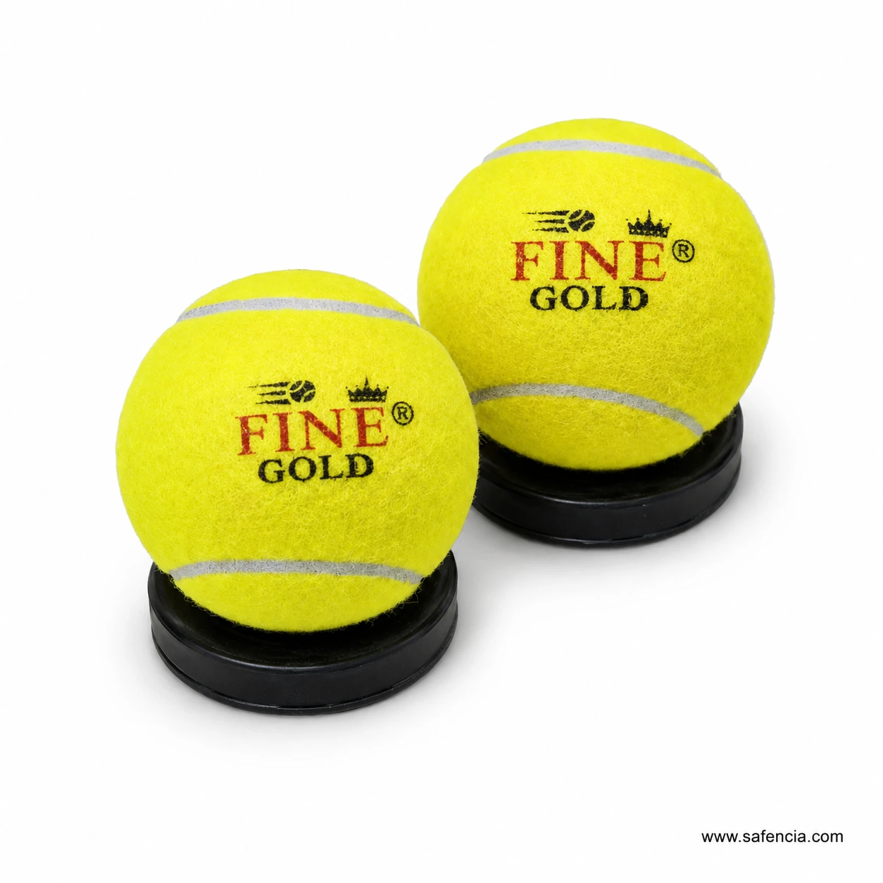 Pair of Fine Gold 74mm yellow tape balls displayed on black stands