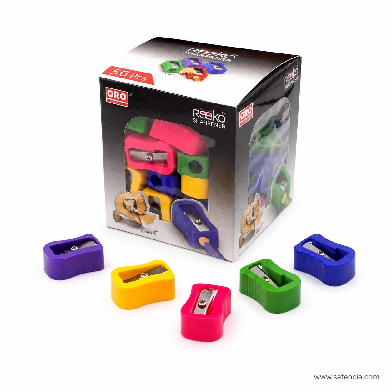 ORO Reeko 50 pack box with five coloured sharpeners showing ridged sides and metal blades