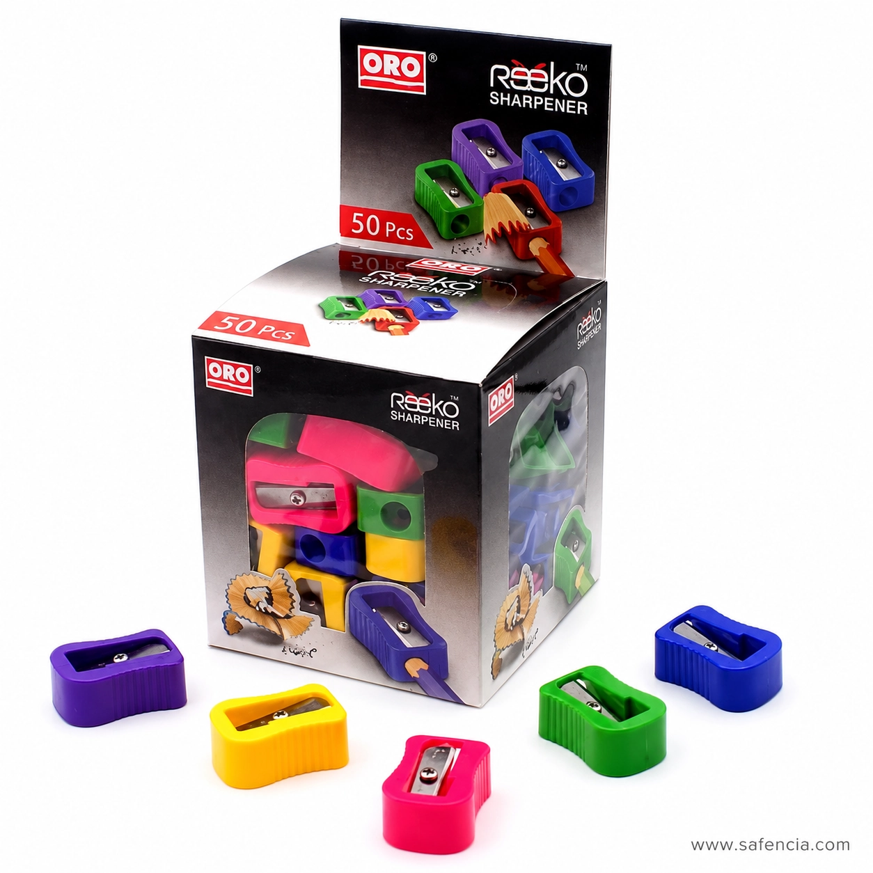 Windowed ORO Reeko sharpener carton marked 50 Pcs with assorted sharpeners displayed outside