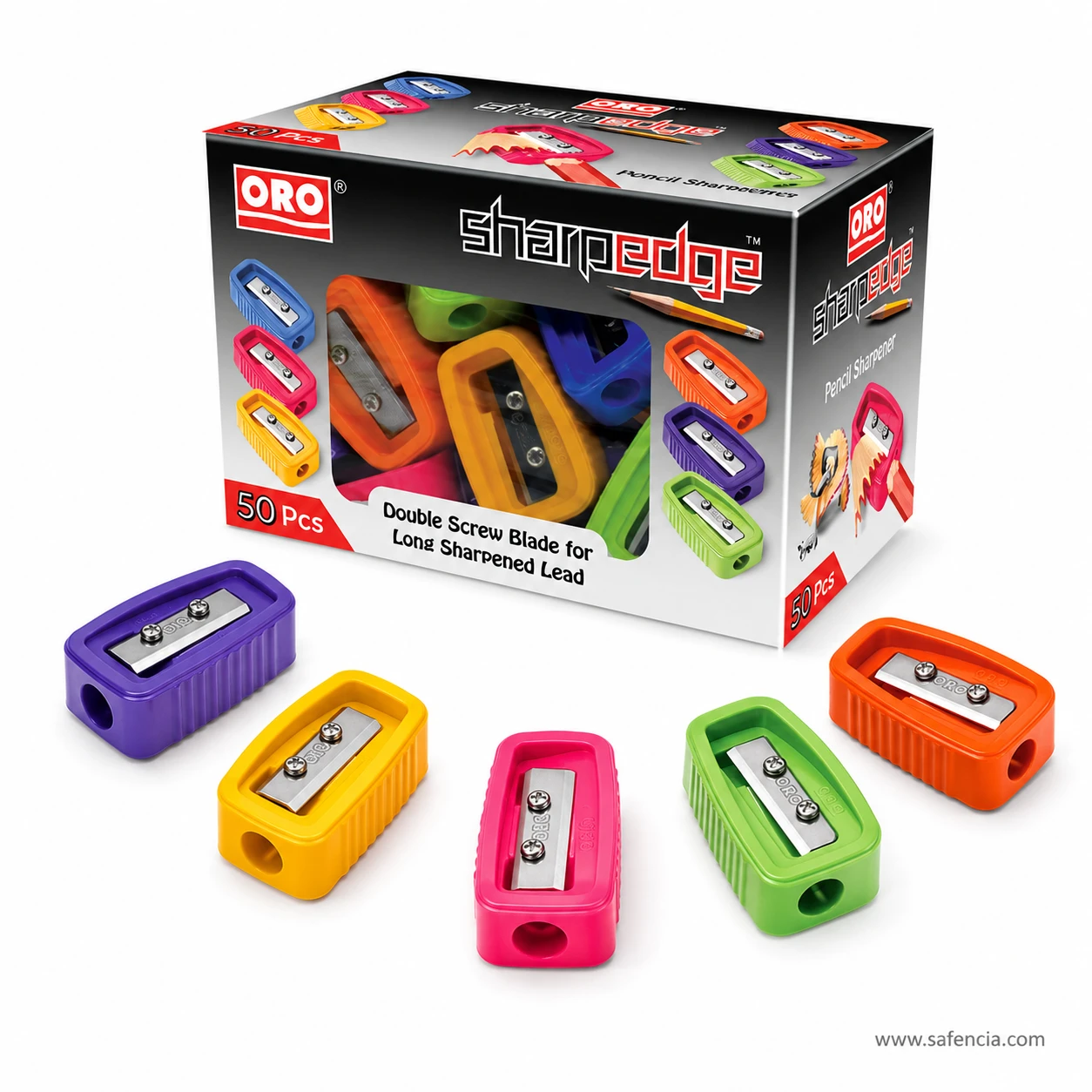 Full ORO Sharpedge box of 50 assorted colour pencil sharpeners with six colours displayed