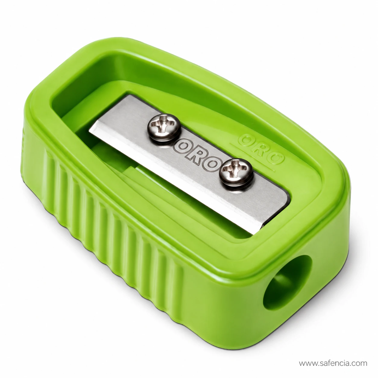 Green ORO Sharpedge pencil sharpener with one round opening and metal blade held by two screws