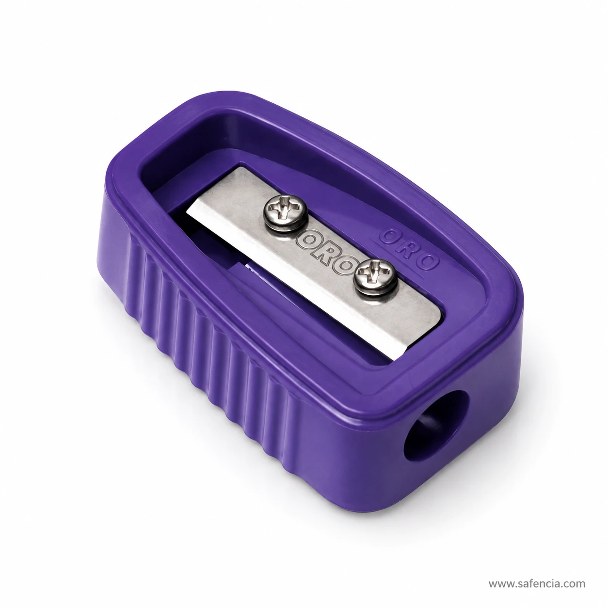 Purple ORO Sharpedge compact pencil sharpener with ridged rectangular body and single hole