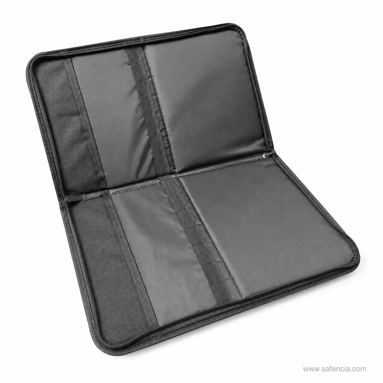 Interior panels of the black paint brush zip case with loop straps