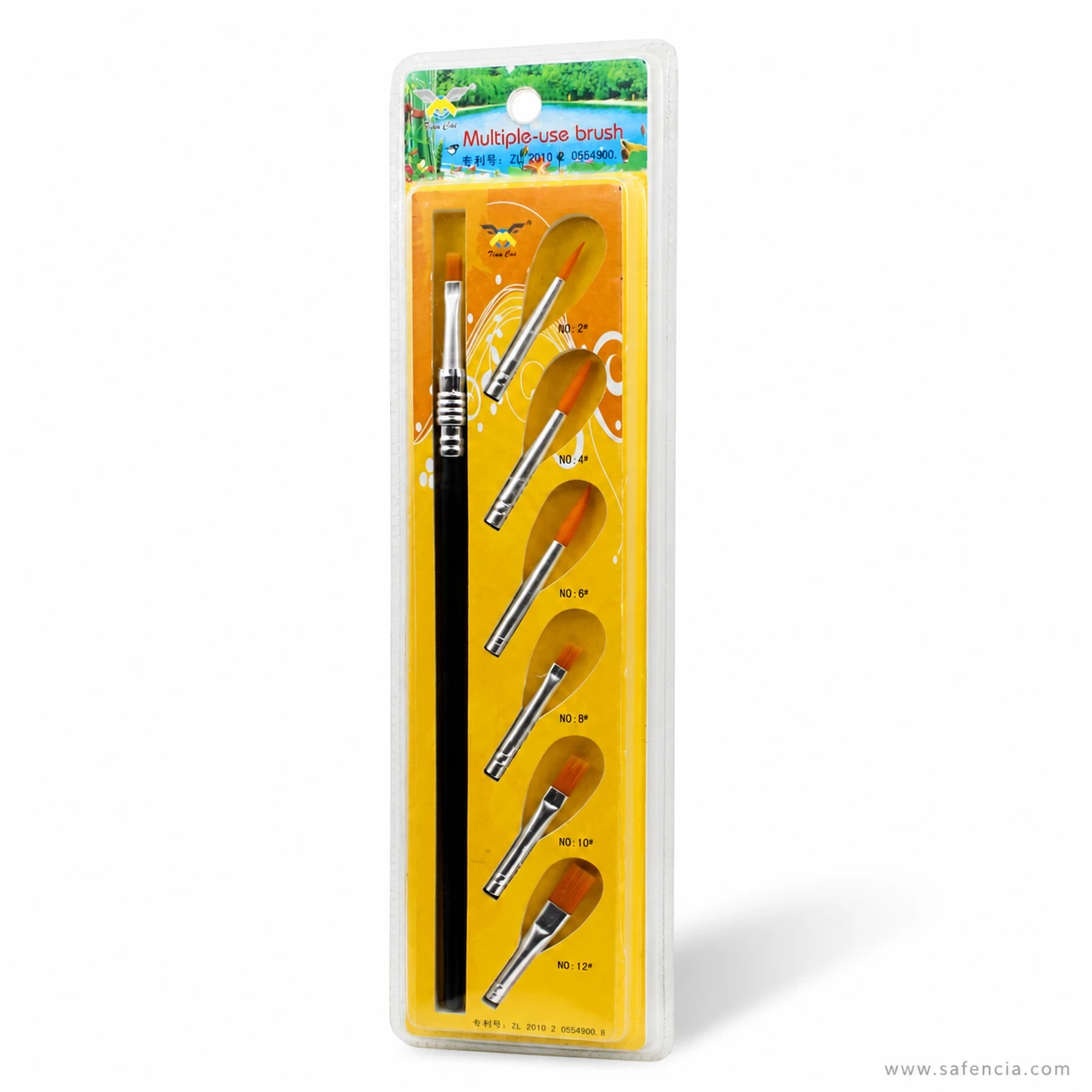 Multiple-use brush card at an angle showing the six head sizes