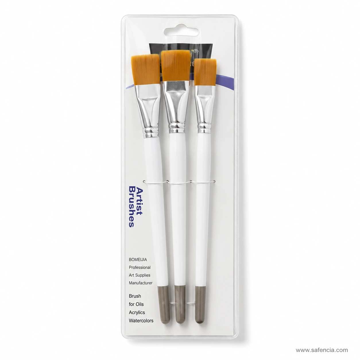 Close view of the Bomeijia flat brush taklon heads and wide pressed ferrules